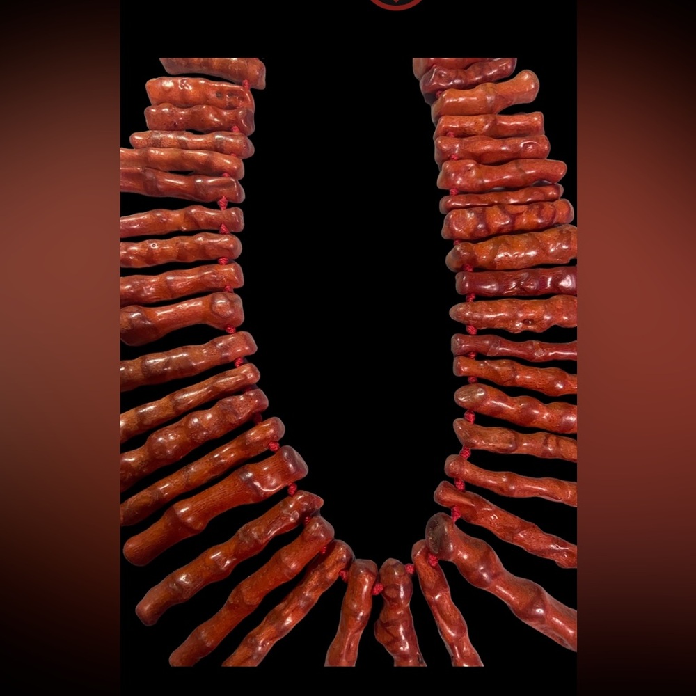 Vintage statement elongated hand knotted coral necklace sterling silver